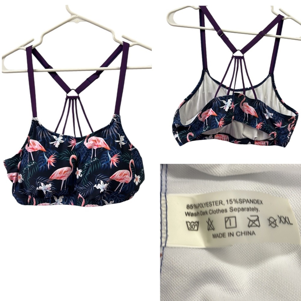 Tropical Floral Pink Flamingo Purple Strap Removable Padding Bikini Top Size XXL